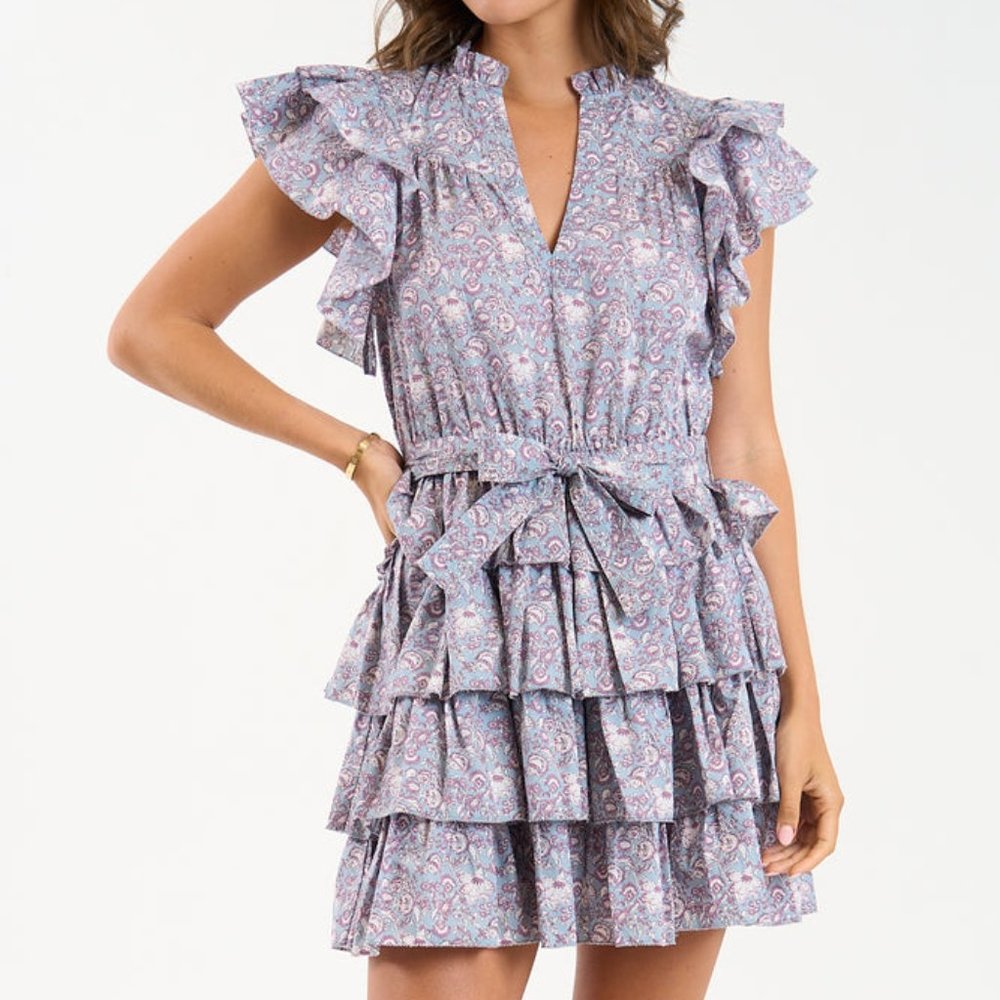 NWT $216 We are Sundays Roe Indigo Rose Tiered Flirty Dress